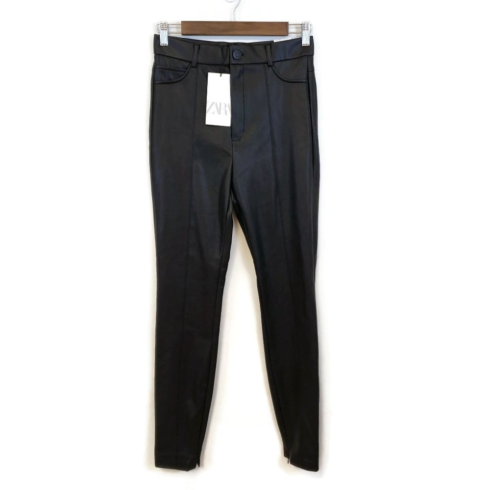 Zara Womens Black Faux Leather Leggings Size M High Rise Pull On